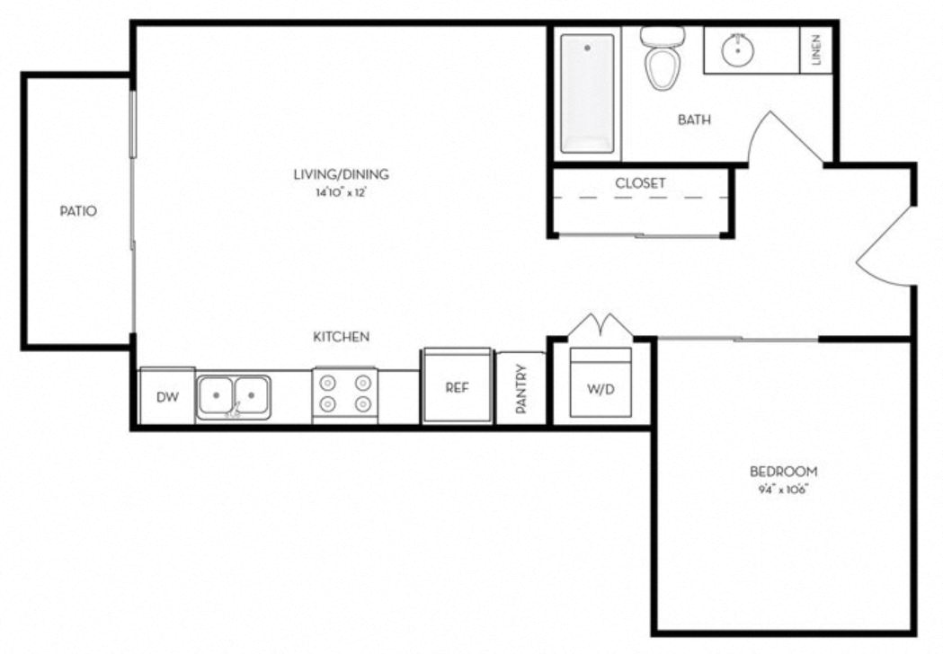 Floor plan for studio, 1 bath, 523 sqft